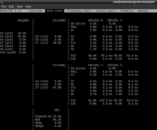 Powertop showing deep C-states being used Powertop showing deep C-states being used